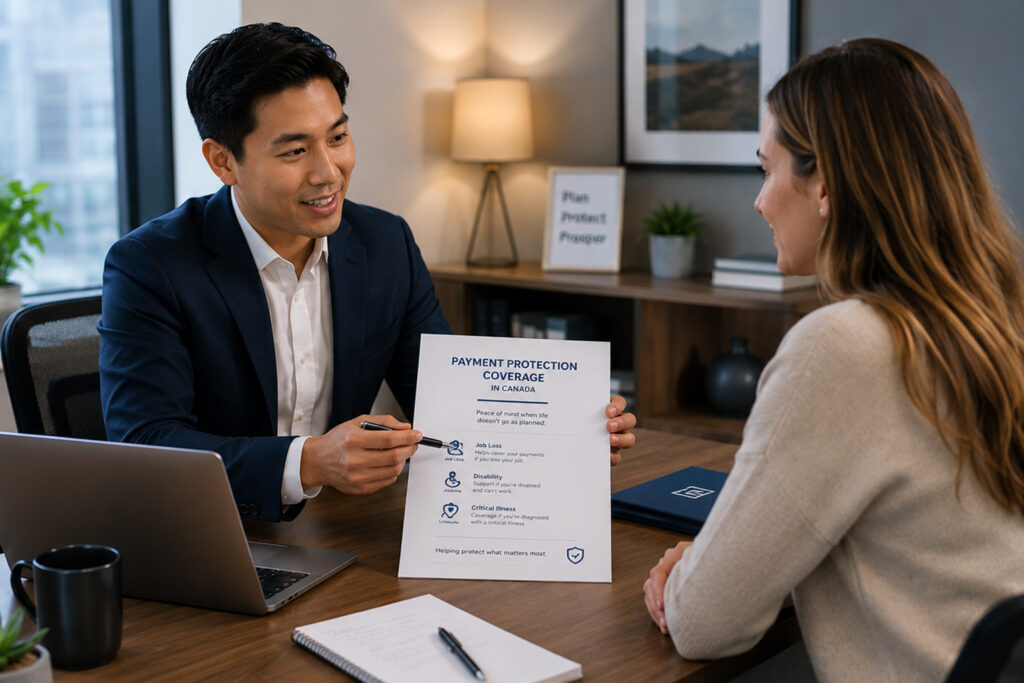 advisor explaining Payment Protection Coverage Canada to a small business owner