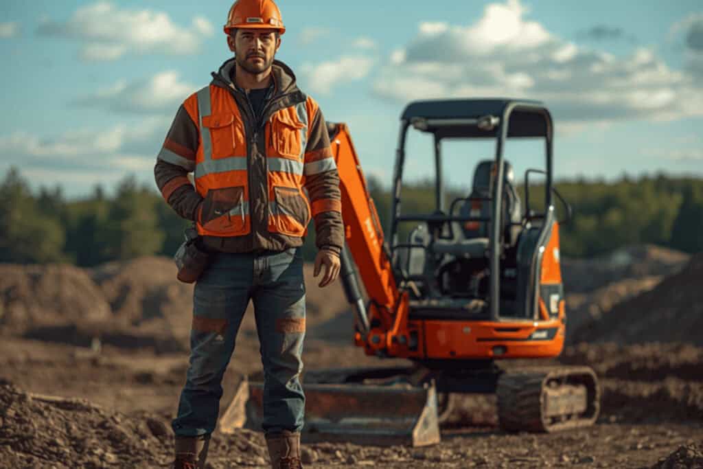 construction worker standing next to a mini excavator