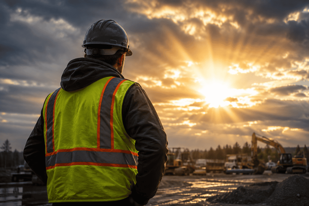 Construction worker in a hard hat and safety vest looking out over an equipment yard with excavators and trucks at sunrise.